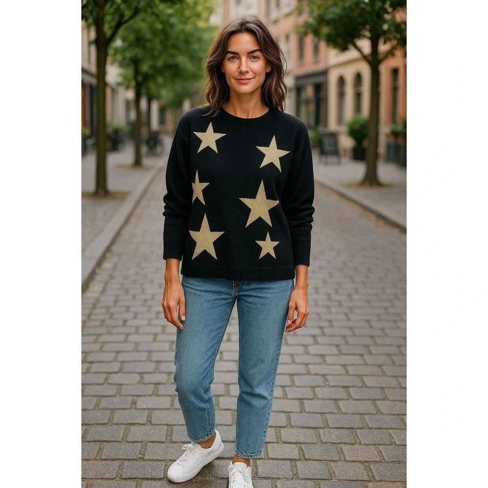 Sioni Black Sweater Gold Star Print‎ Pullover Top Size Medium NWT